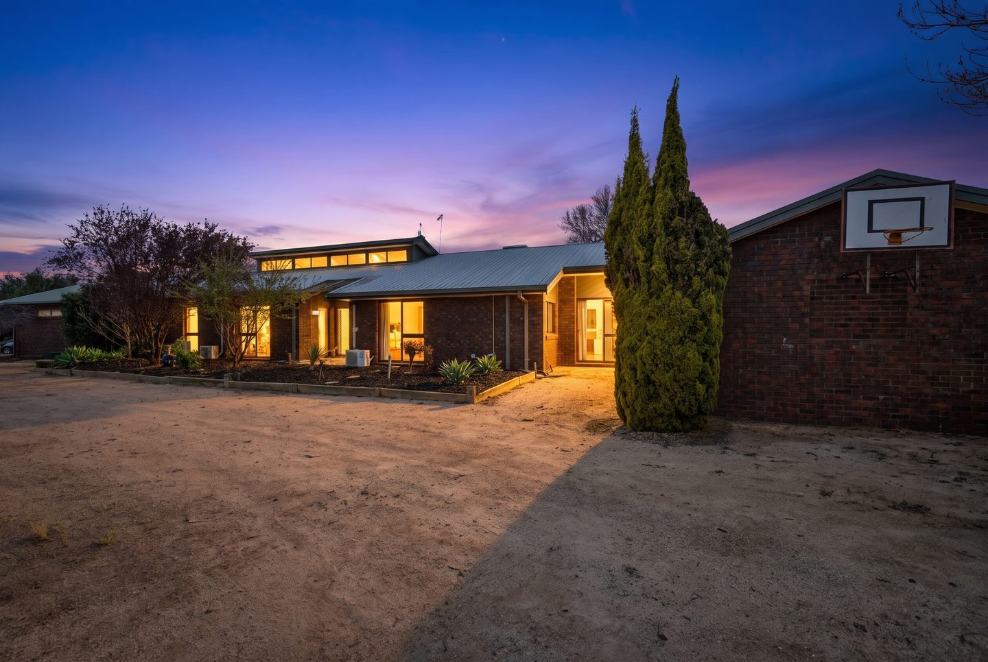 The front of the home at dusk